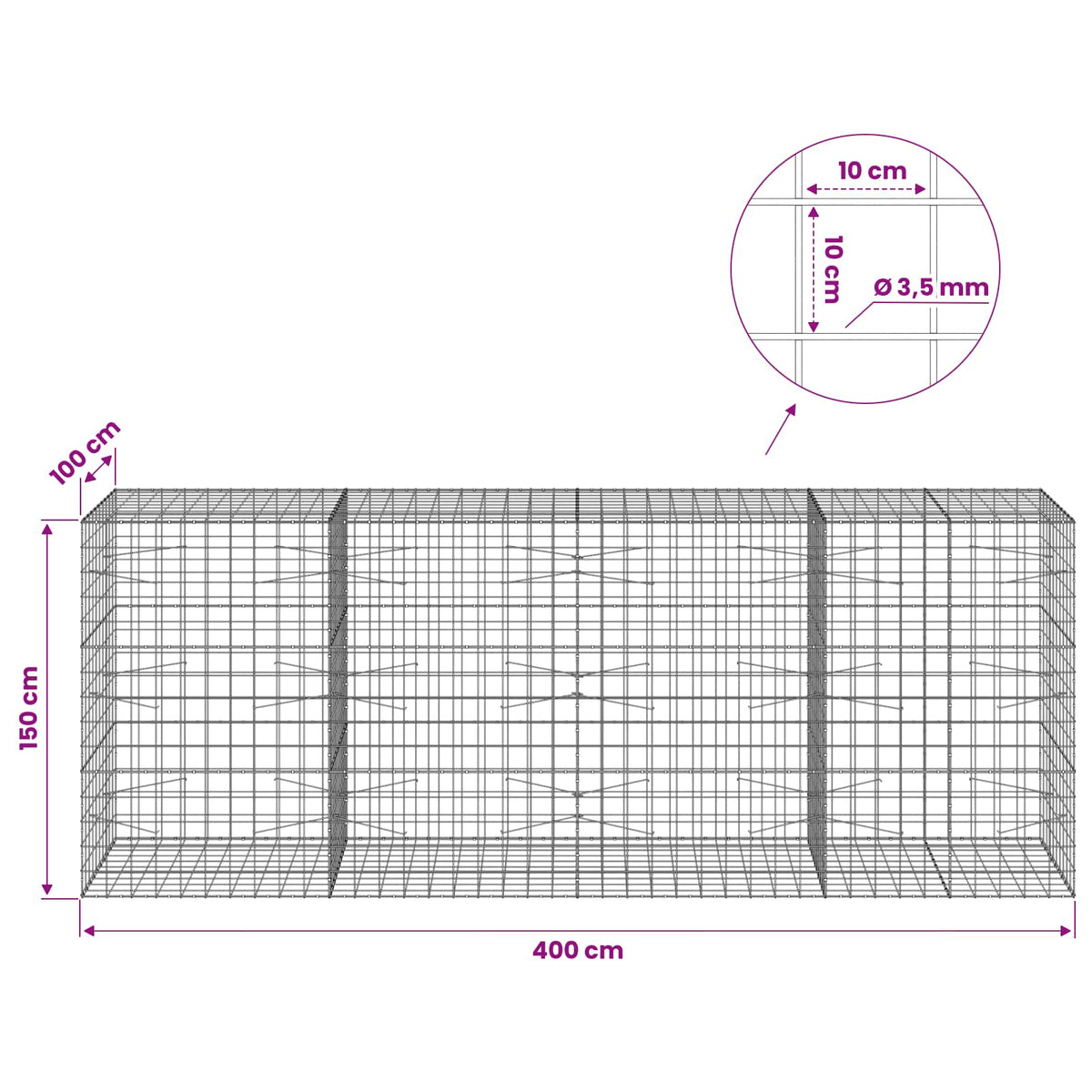 Γκαμπιόν με σύρμα 3,5 mm και πλέγμα 10x10 cm 400x100x150 εκ.