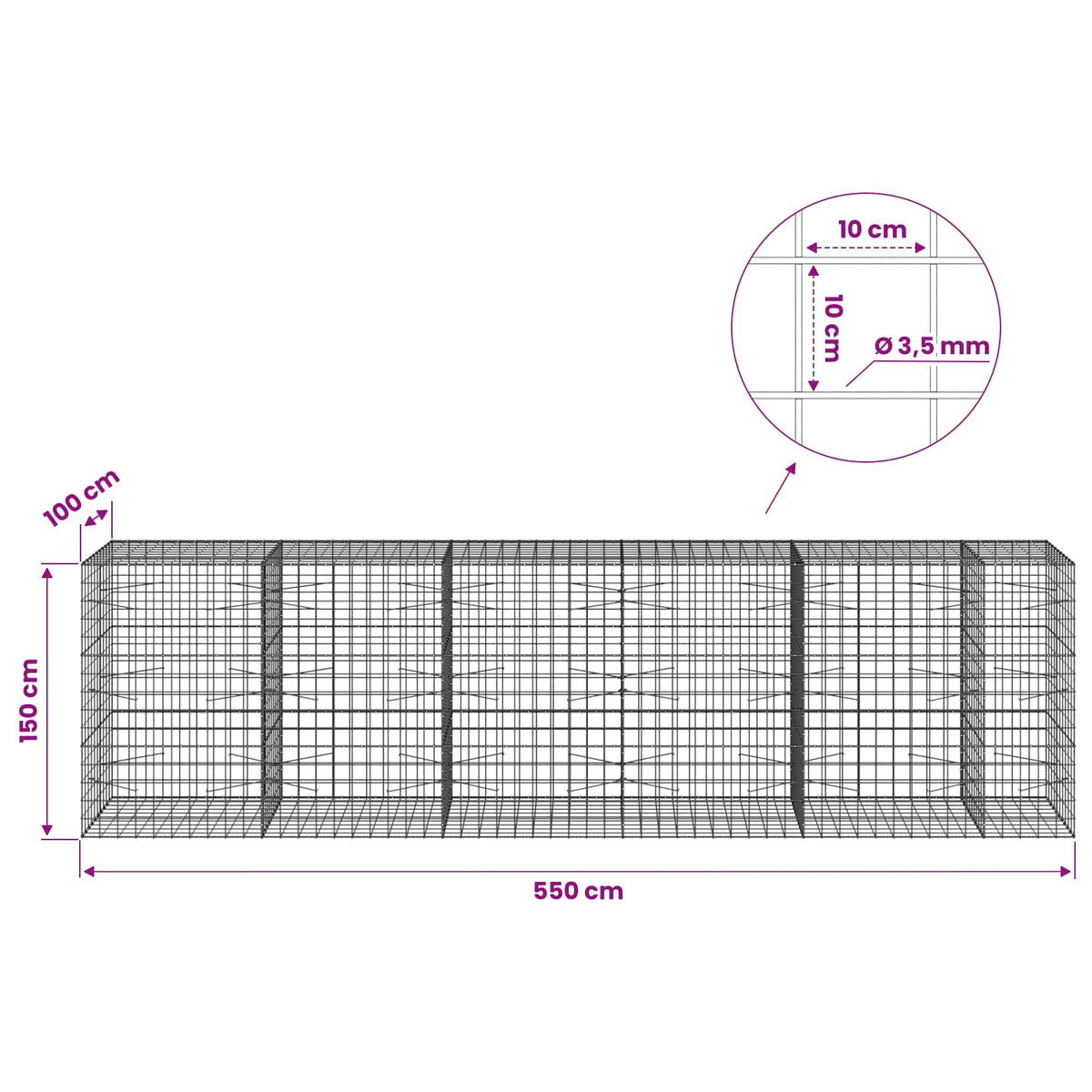 Γκαμπιόν με σύρμα 3,5 mm και πλέγμα 10x10 cm 550x100x150 εκ. - Pakobazaar