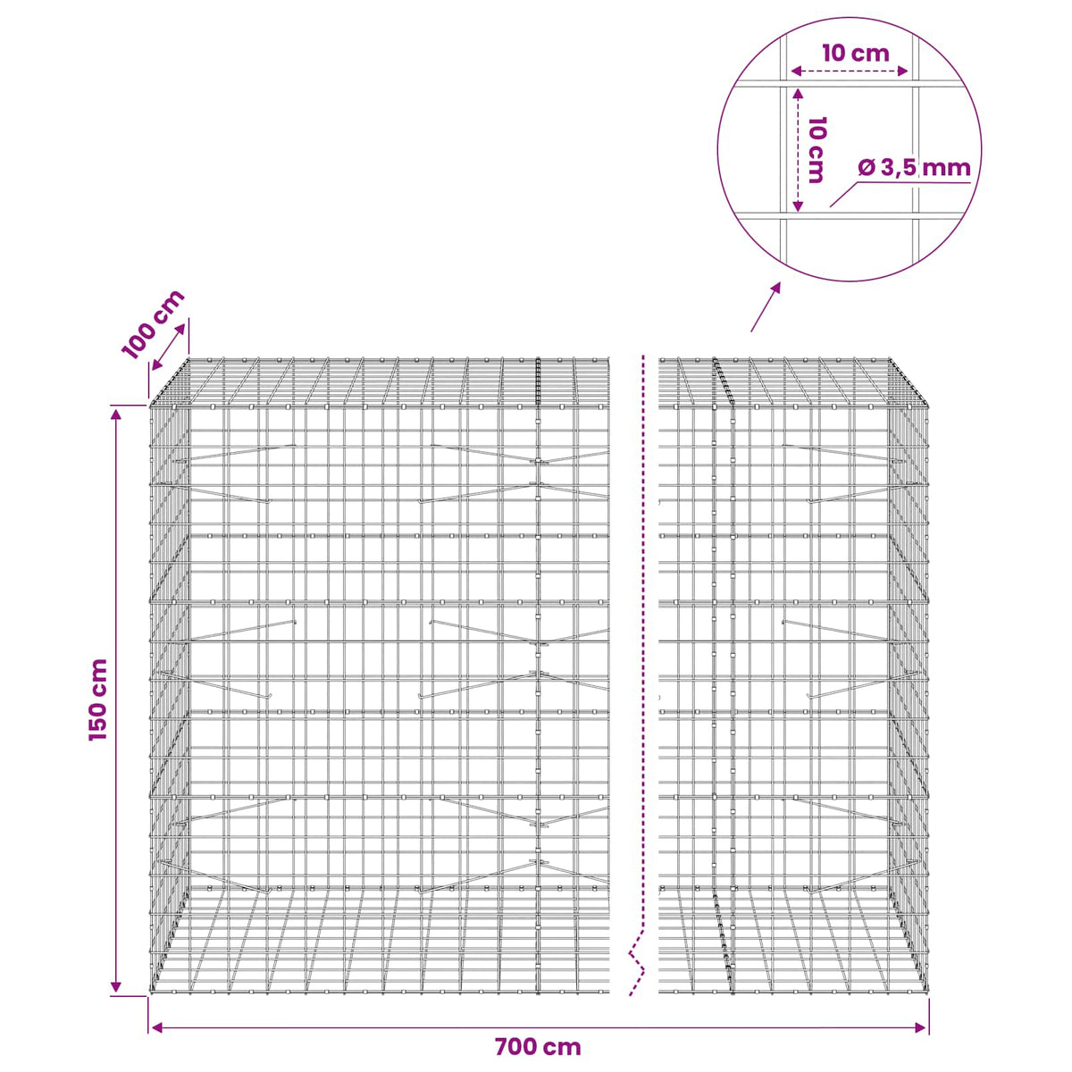 Γκαμπιόν με σύρμα 3,5 mm και πλέγμα 10x10 cm 700x100x150 εκ. - Pakobazaar