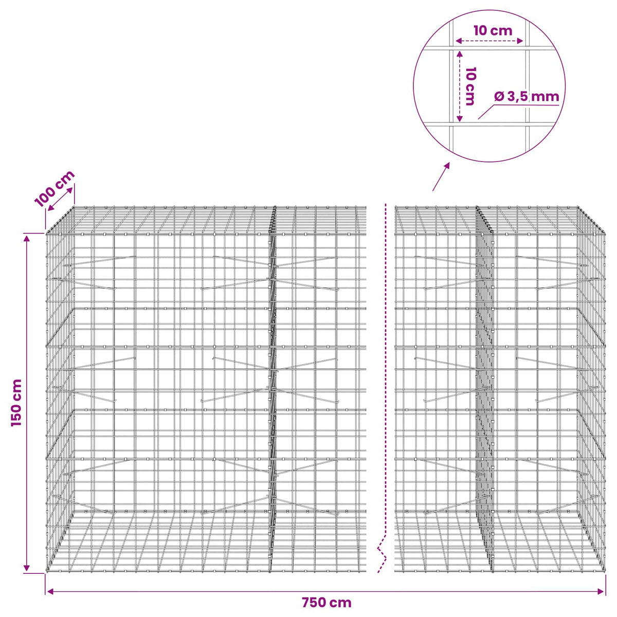 Γκαμπιόν με σύρμα 3,5 mm και πλέγμα 10x10 cm 750x100x150 εκ - Pakobazaar