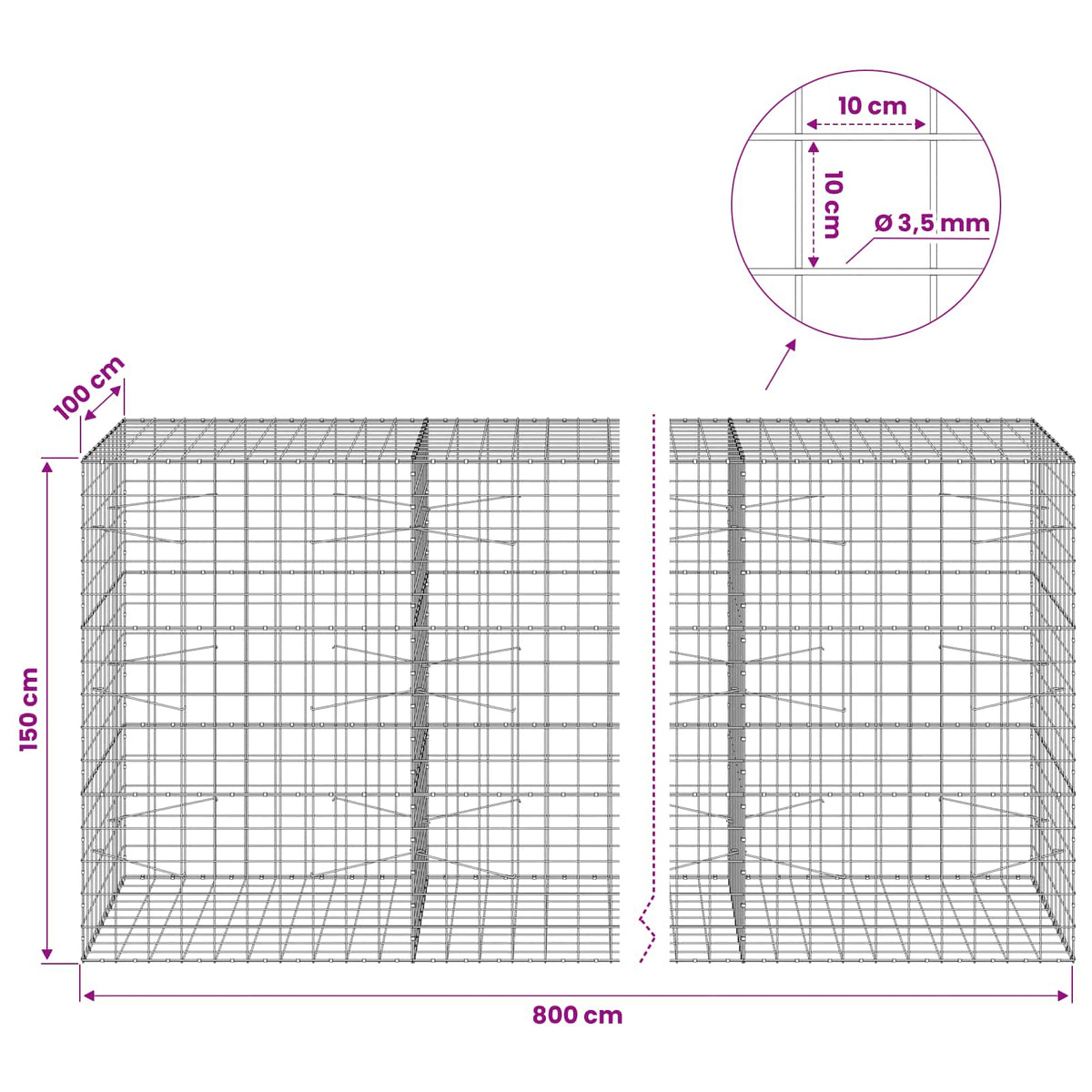 Γκαμπιόν με σύρμα 3,5 mm και πλέγμα 10x10 cm 800x100x150 εκ. - Pakobazaar