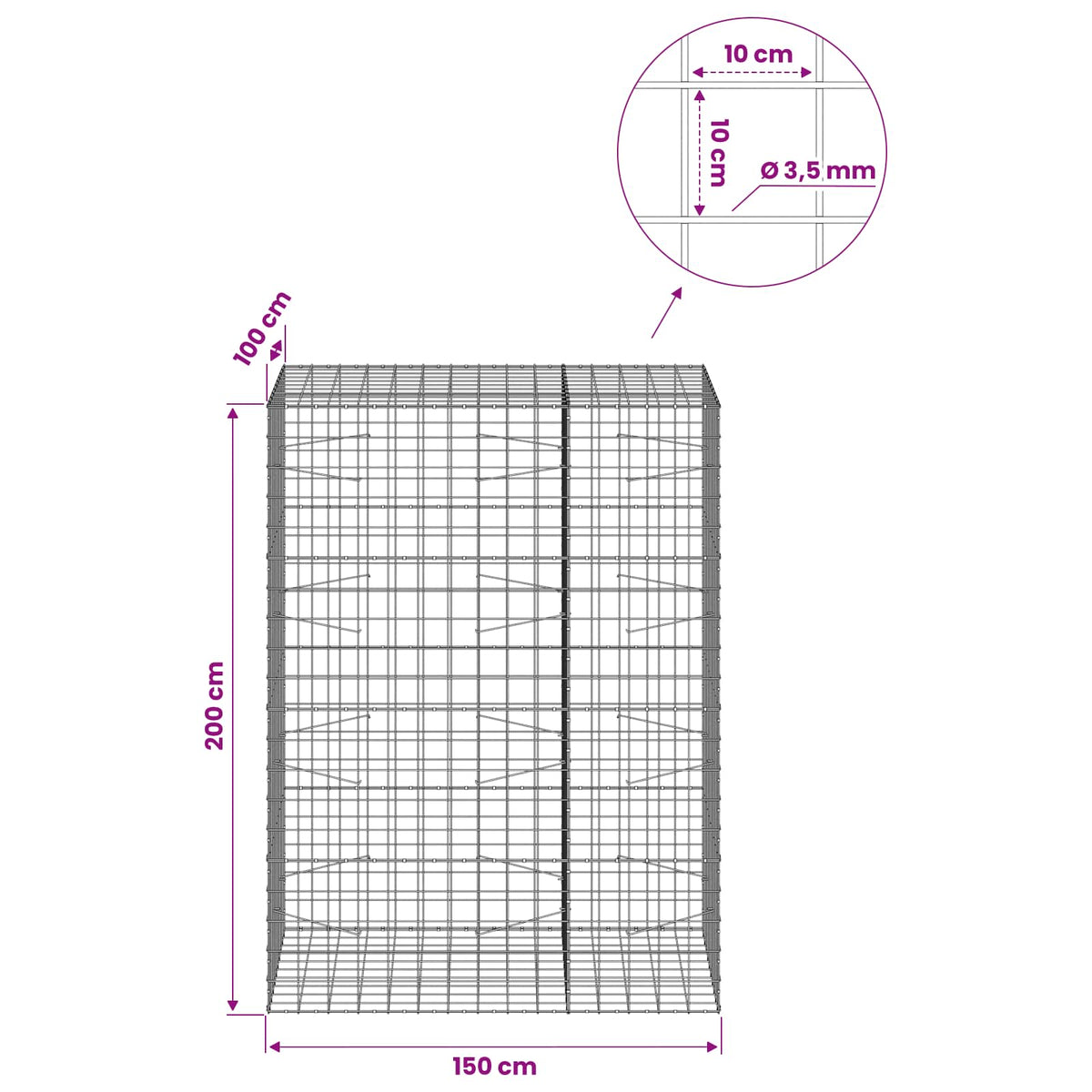 Γκαμπιόν με σύρμα 3,5 mm και πλέγμα 10x10 cm 150x100x200 εκ. - Pakobazaar