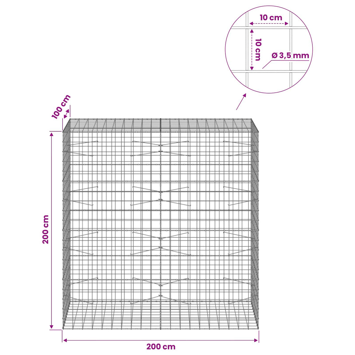 Γκαμπιόν με σύρμα 3,5 mm και πλέγμα 10x10 cm 200x100x200 εκ - Pakobazaar