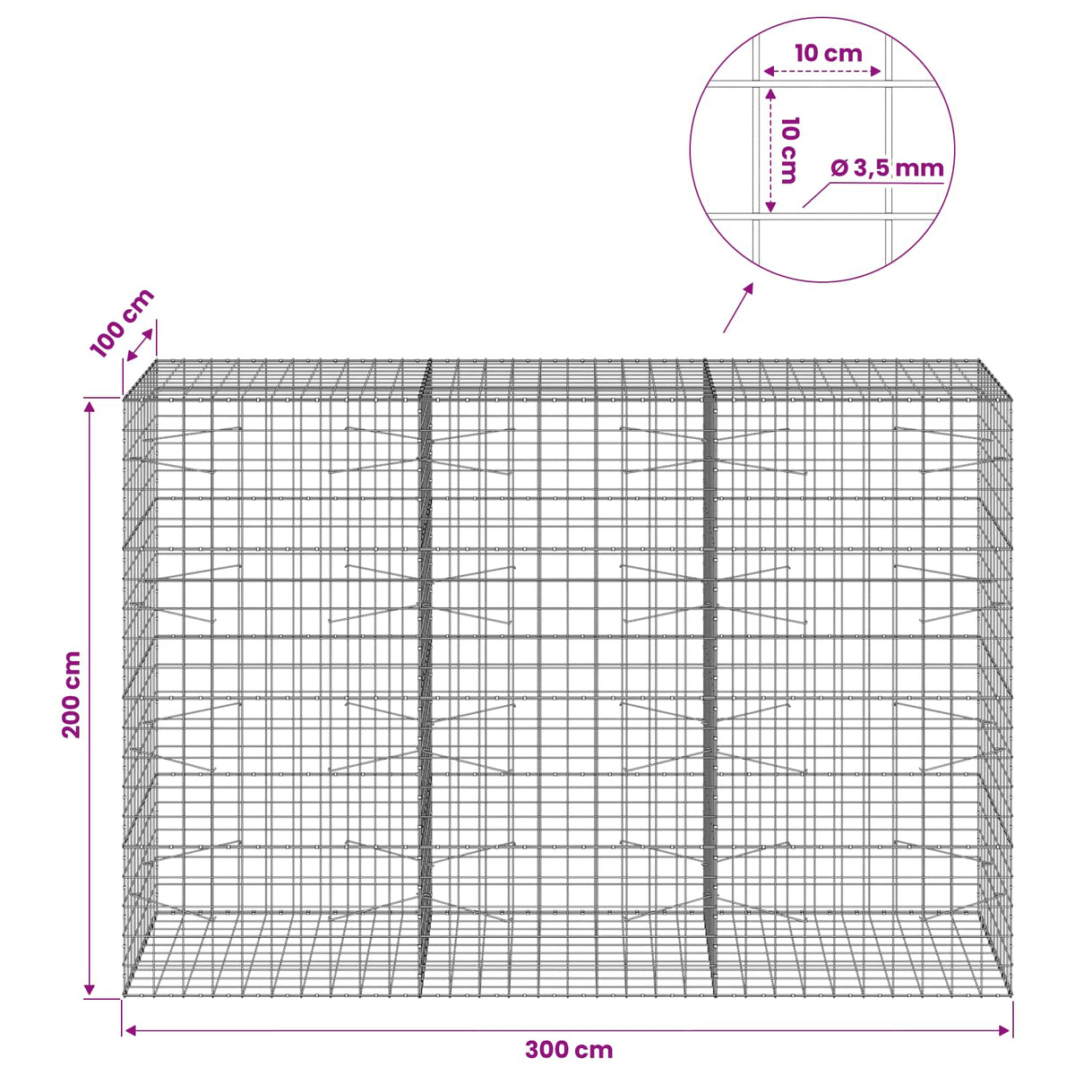 Γκαμπιόν με σύρμα 3,5 mm και πλέγμα 10x10 cm 300x100x200 εκ - Pakobazaar