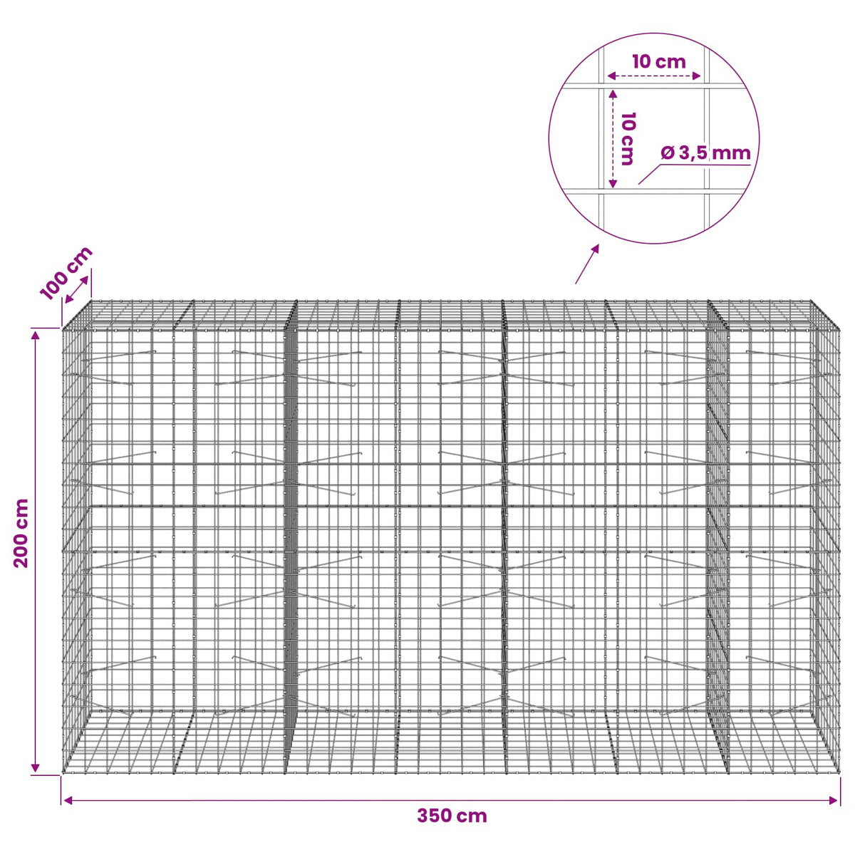 Γκαμπιόν με σύρμα 3,5 mm και πλέγμα 10x10 cm 350x100x200 εκ.