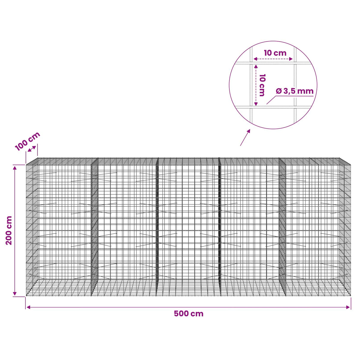 Γκαμπιόν με σύρμα 3,5 mm και πλέγμα 10x10 cm 500x100x200 εκ