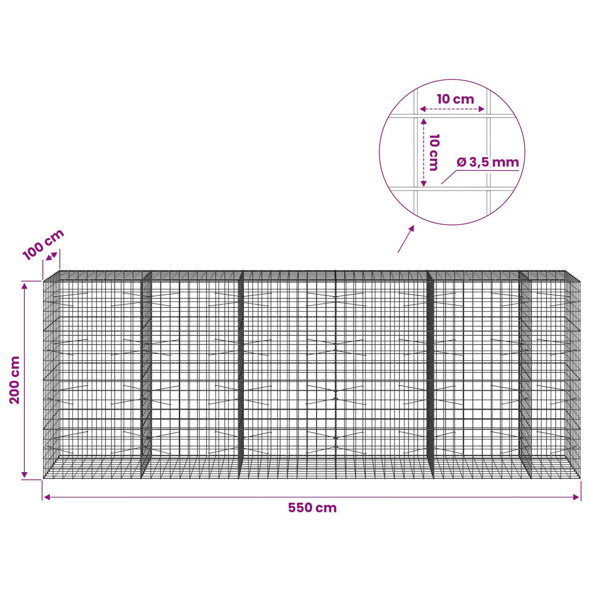 Γκαμπιόν με σύρμα 3,5 mm και πλέγμα 10x10 cm 550x100x200 εκ.