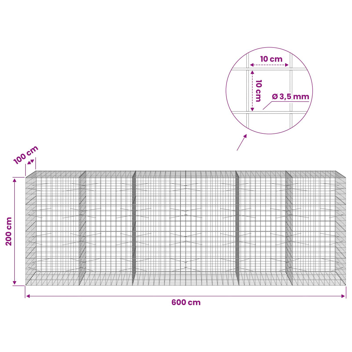 Γκαμπιόν με σύρμα 3,5 mm και πλέγμα 10x10 cm 600x100x200 εκ - Pakobazaar