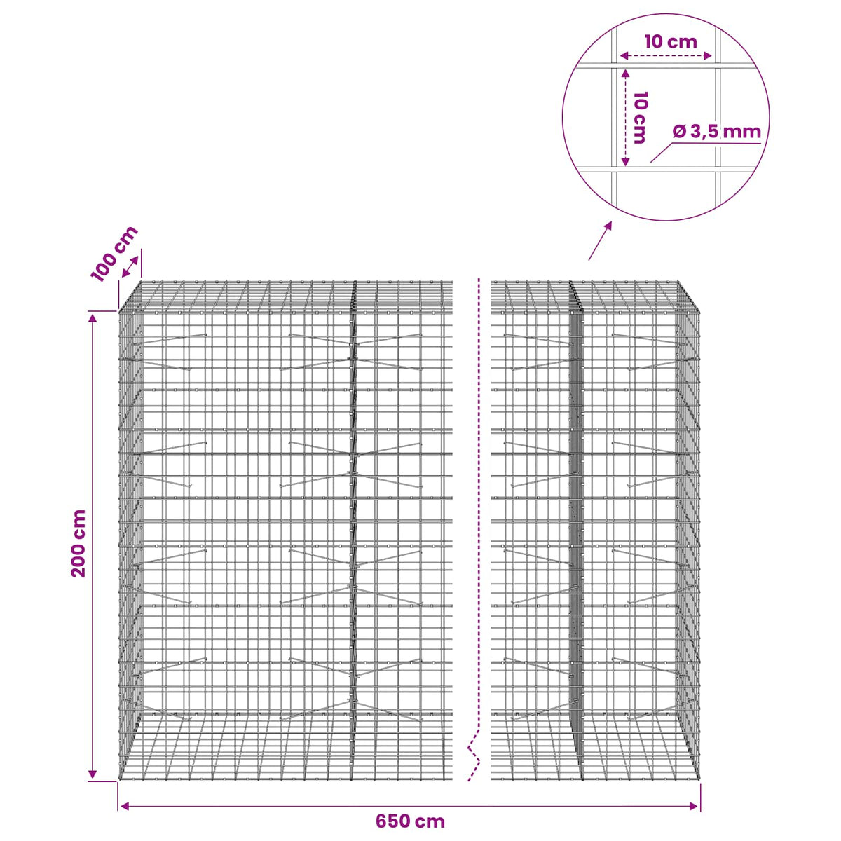 Γκαμπιόν με σύρμα 3,5 mm και πλέγμα 10x10 cm 650x100x200 εκ