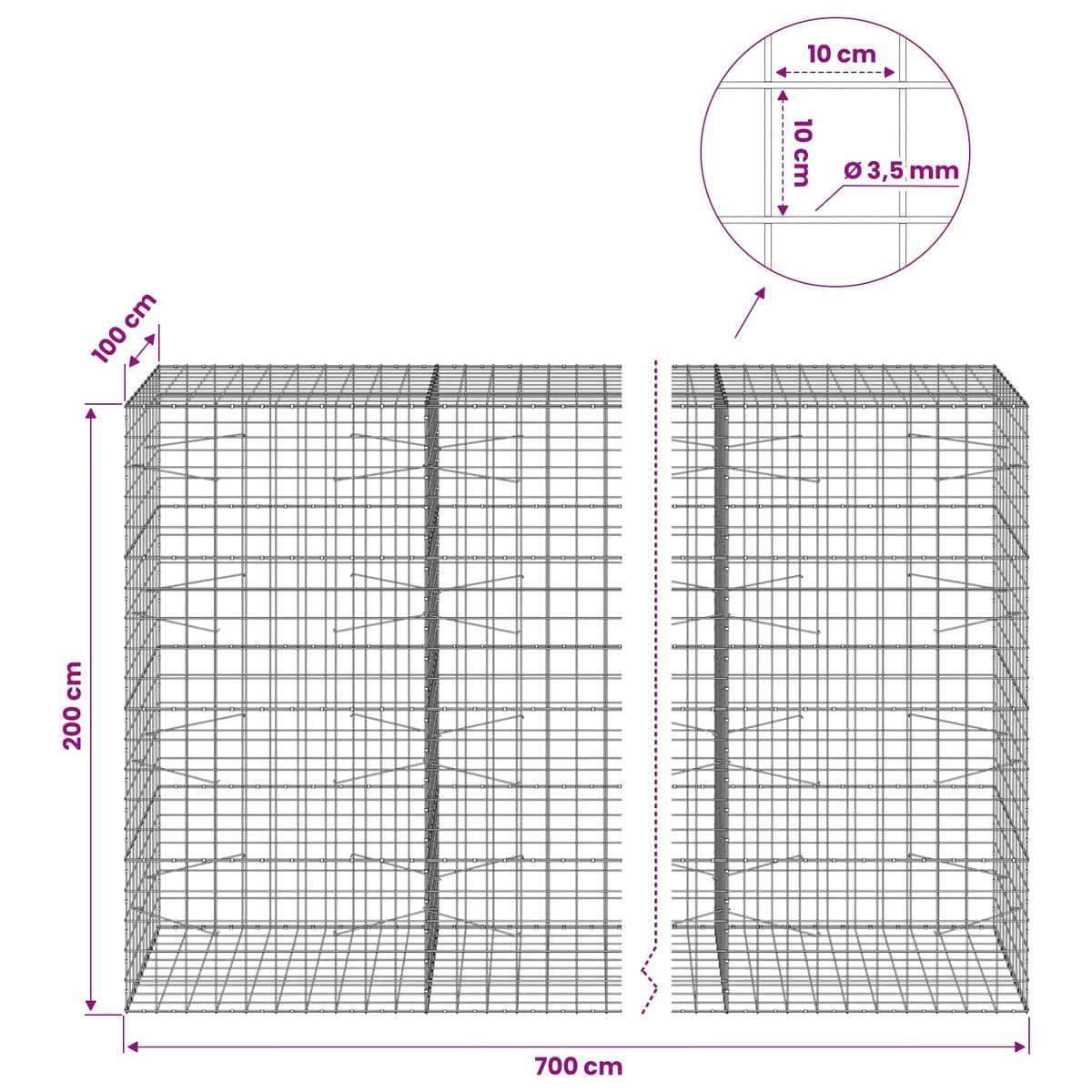 Γκαμπιόν με σύρμα 3,5 mm και πλέγμα 10x10 cm 700x100x200 εκ. - Pakobazaar