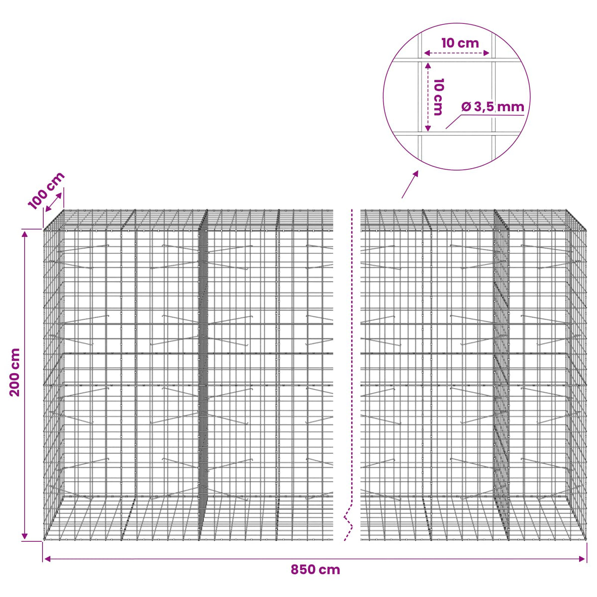 Γκαμπιόν με σύρμα 3,5 mm και πλέγμα 10x10 cm 850x100x200 εκ - Pakobazaar