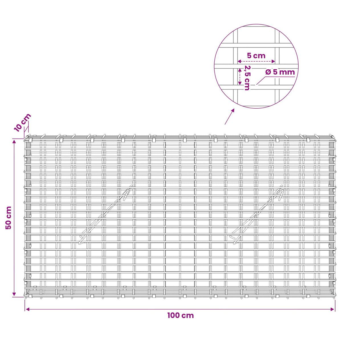 Γκαμπιόν με σύρμα 5 mm και πλέγμα 5x2,5 cm 100x10x50 εκ - Pakobazaar