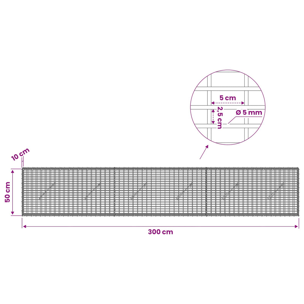 Γκαμπιόν με σύρμα 5 mm και πλέγμα 5x2,5 cm 300x10x50 εκ - Pakobazaar