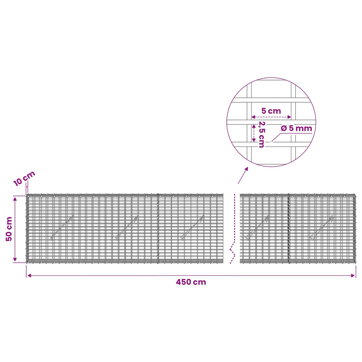 Γκαμπιόν με σύρμα 5 mm και πλέγμα 5x2,5 cm 450x10x50 εκ - Pakobazaar