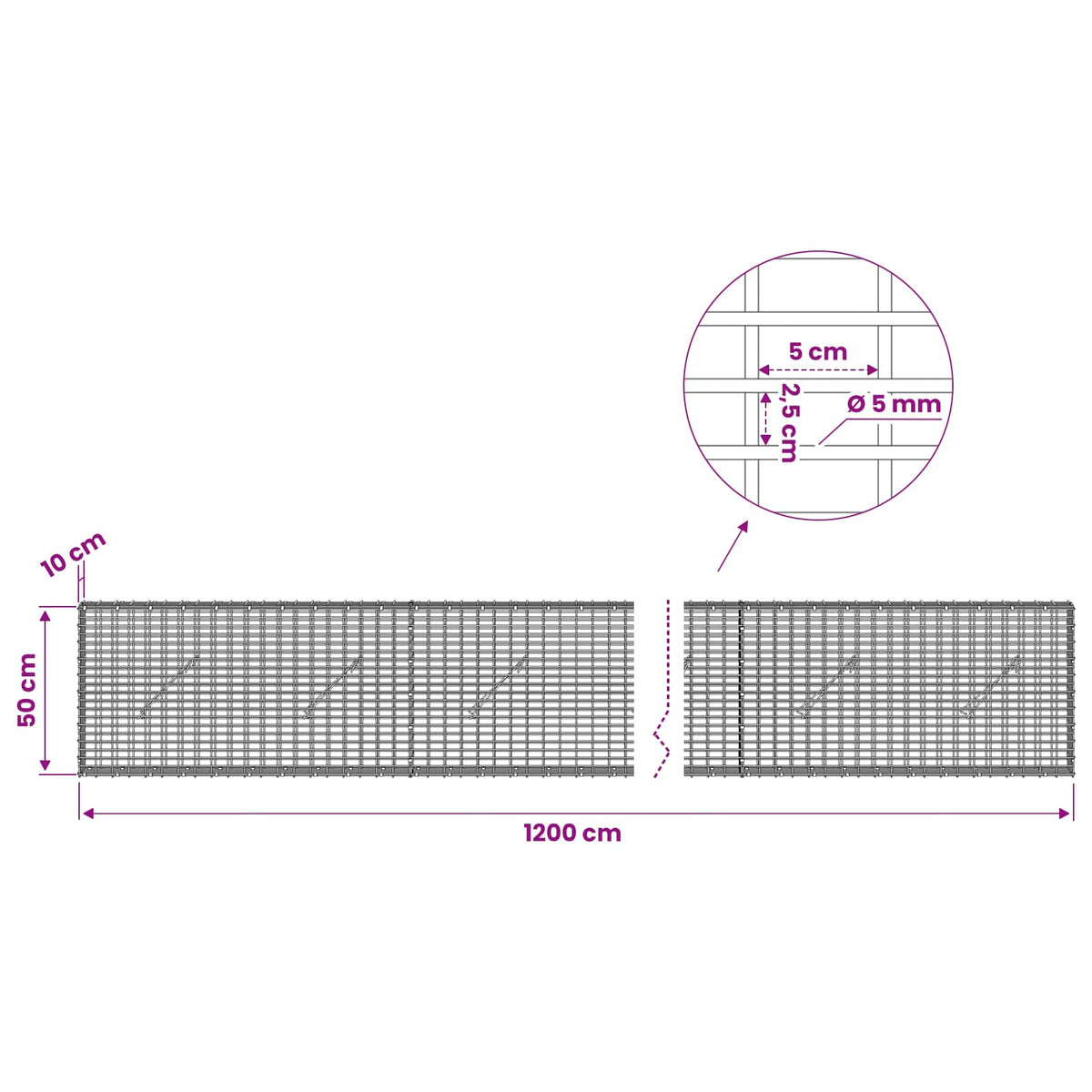 Γκαμπιόν με σύρμα 5 mm και πλέγμα 5x2,5 cm 1200x10x50 εκ - Pakobazaar