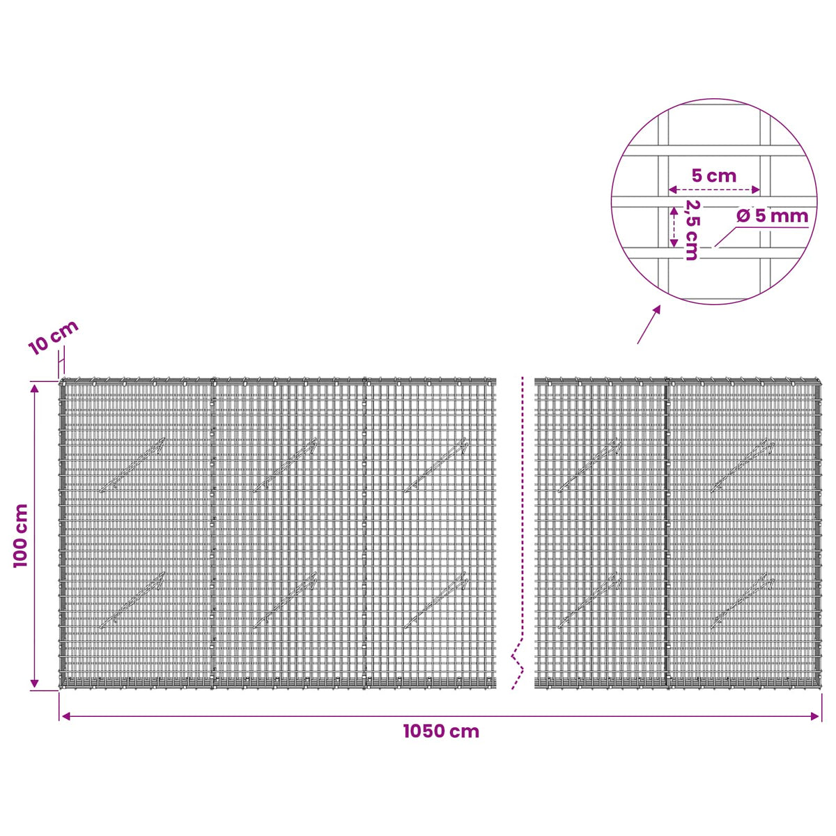 Γκαμπιόν με σύρμα 5 mm και πλέγμα 5x2,5 cm 1050x10x100 εκ. - Pakobazaar
