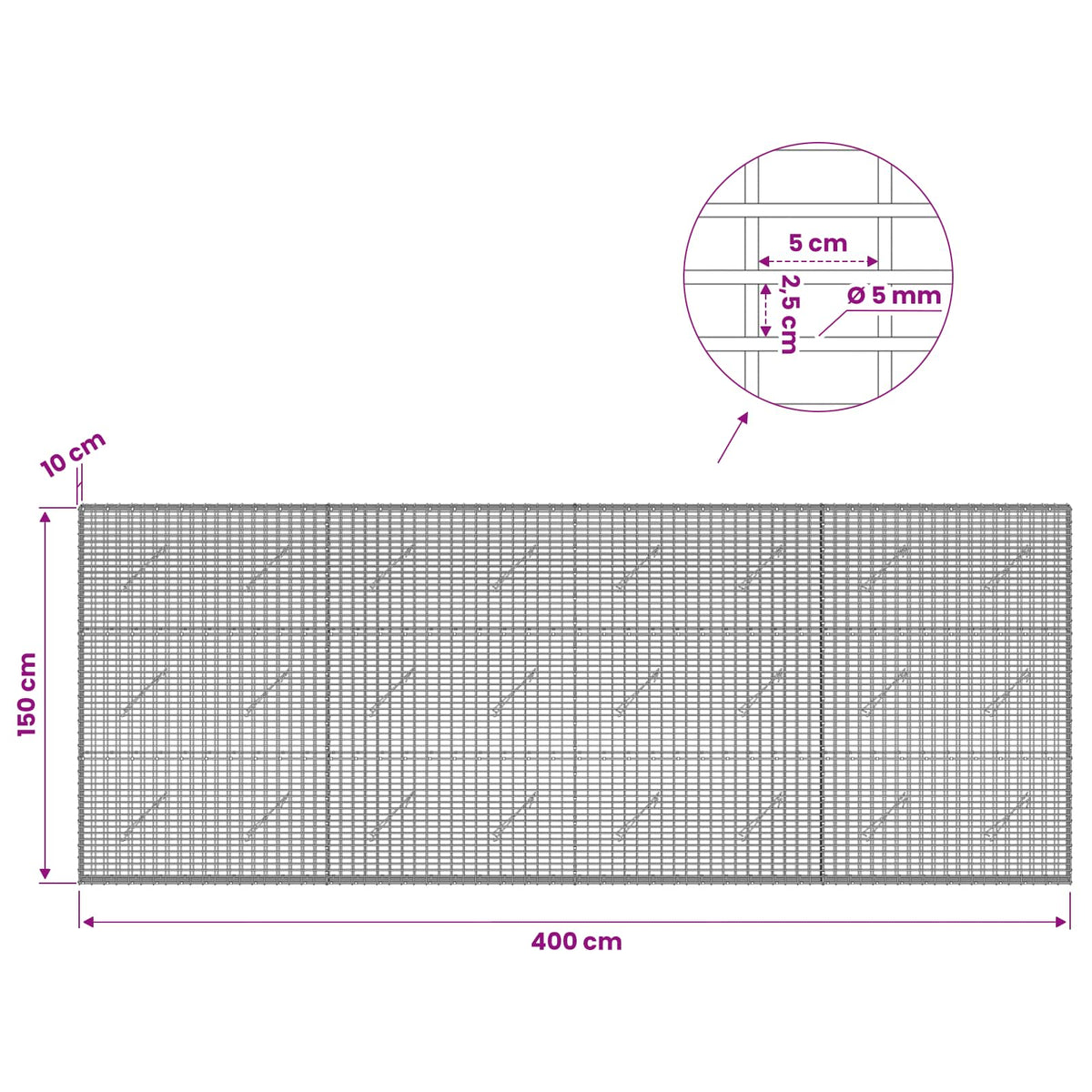 Γκαμπιόν με σύρμα 5 mm και πλέγμα 5x2,5 cm 400x10x150 εκ - Pakobazaar