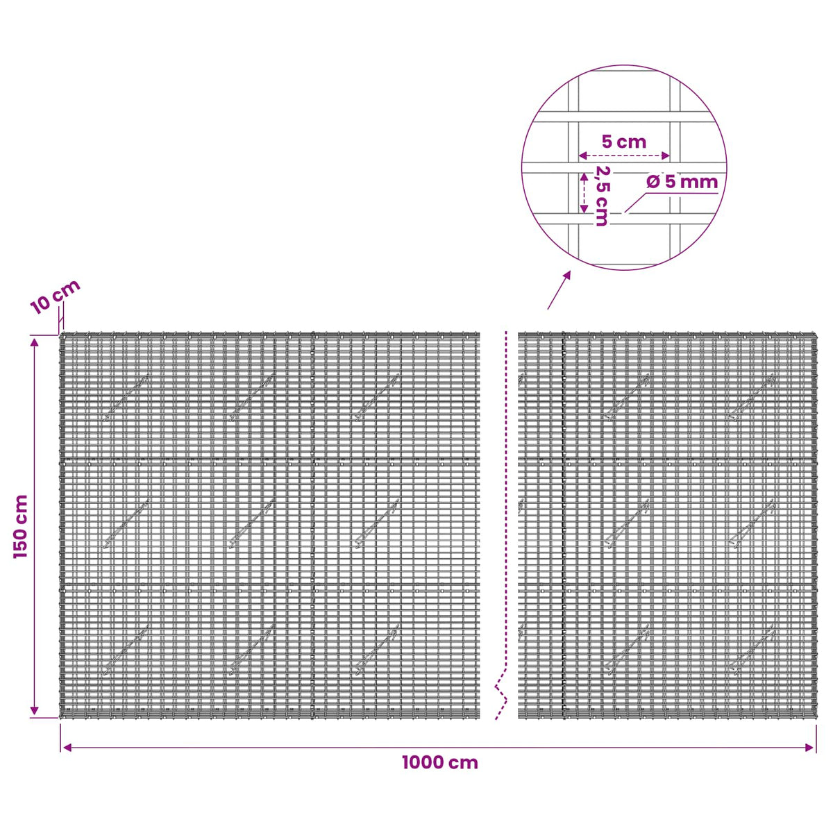 Γκαμπιόν με σύρμα 5 mm και πλέγμα 5x2,5 cm 1000x10x150 εκ - Pakobazaar