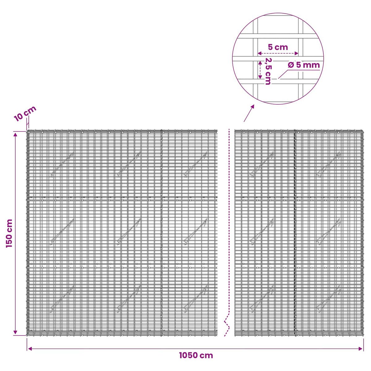 Γκαμπιόν με σύρμα 5 mm και πλέγμα 5x2,5 cm 1050x10x150 εκ - Pakobazaar