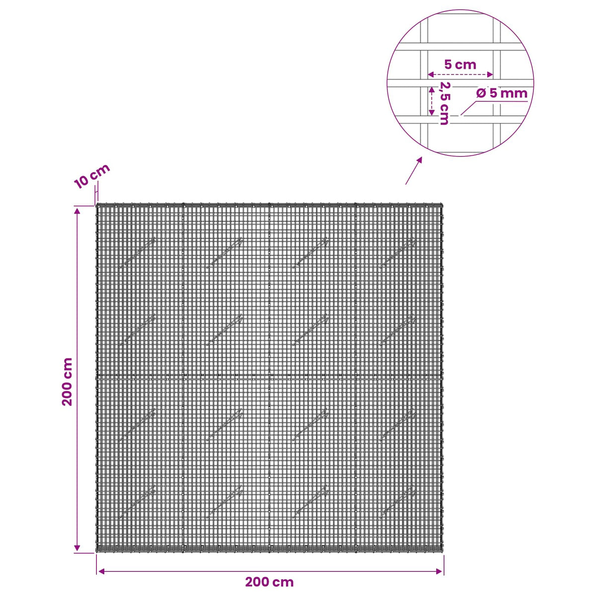 Γκαμπιόν με σύρμα 5 mm και πλέγμα 5x2,5 cm 200x10x200 εκ
