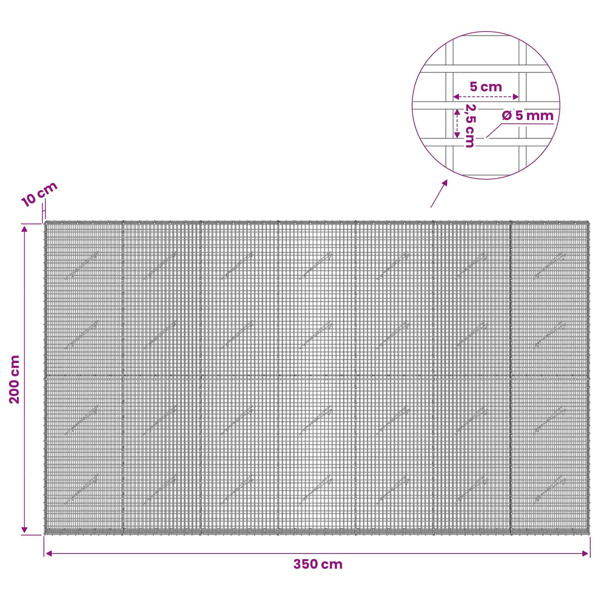 Γκαμπιόν με σύρμα 5 mm και πλέγμα 5x2,5 cm 350x10x200 εκ. - Pakobazaar