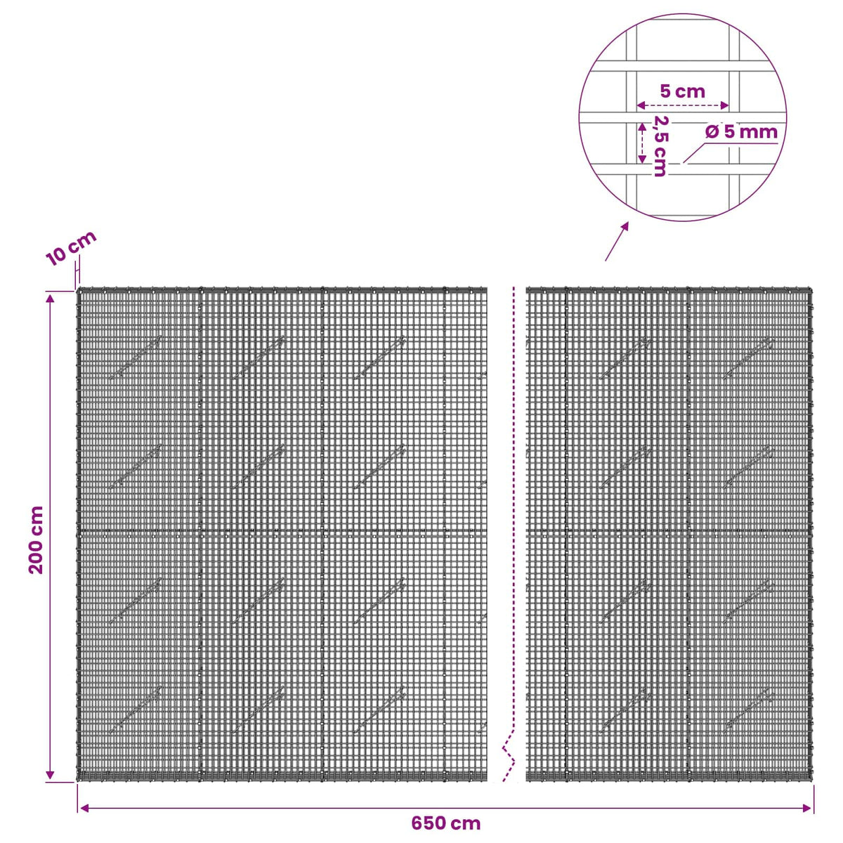 Γκαμπιόν με σύρμα 5 mm και πλέγμα 5x2,5 cm 650x10x200 εκ - Pakobazaar