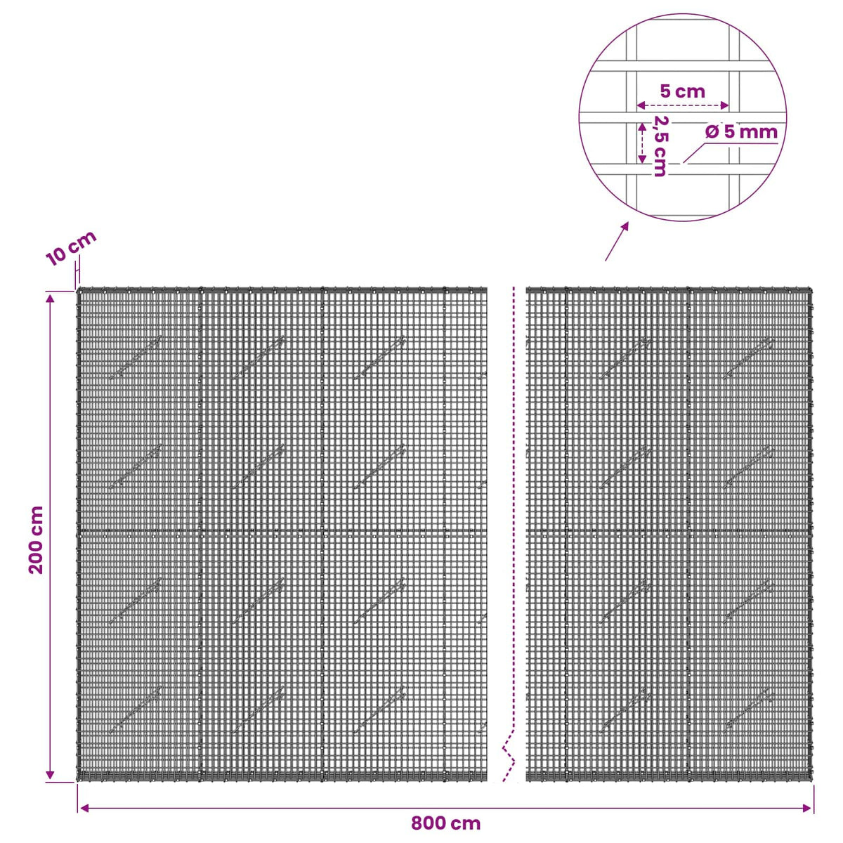 Γκαμπιόν με σύρμα 5 mm και πλέγμα 5x2,5 cm 800x10x200 εκ - Pakobazaar