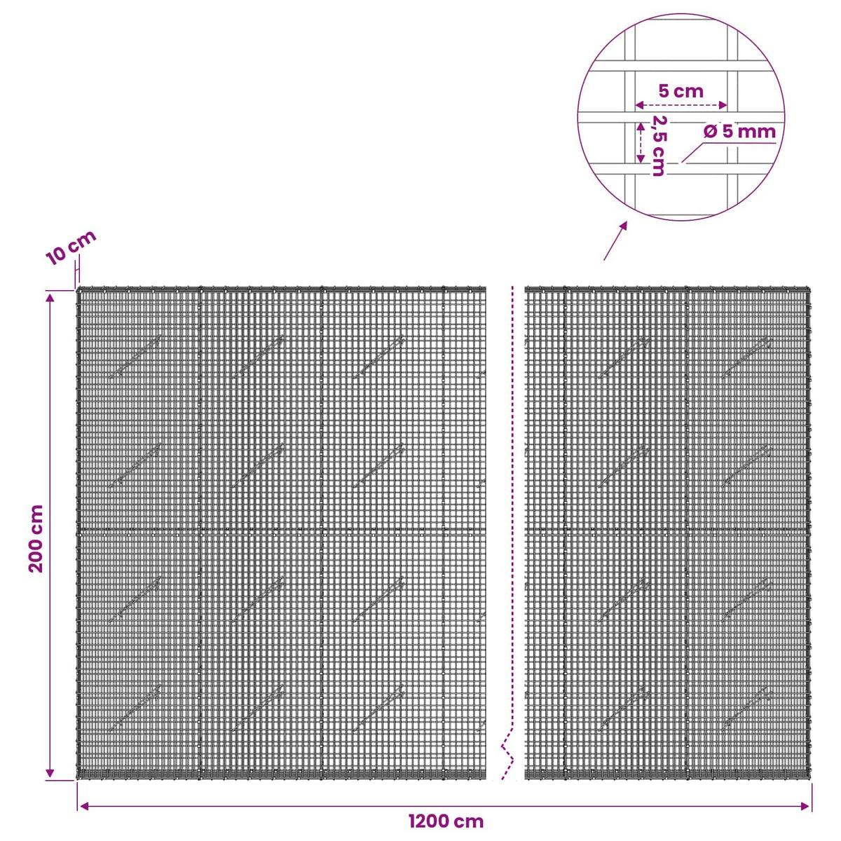Γκαμπιόν με σύρμα 5 mm και πλέγμα 5x2,5 cm 1200x10x200 εκ