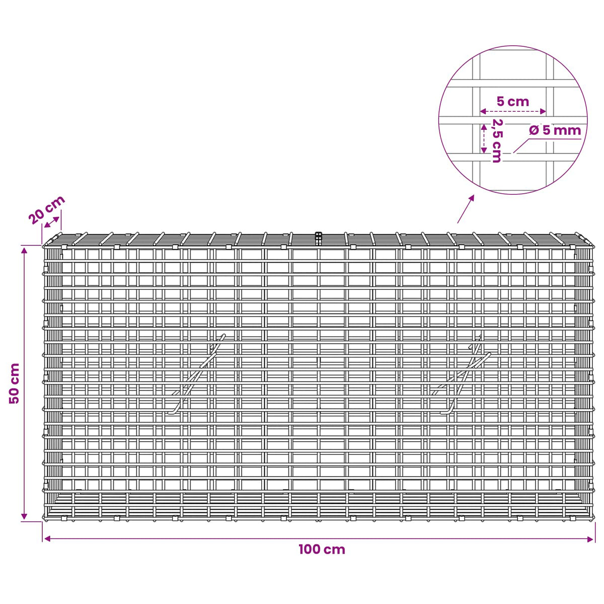 Γκαμπιόν με σύρμα 5 mm και πλέγμα 5x2,5 cm 100x20x50 εκ - Pakobazaar