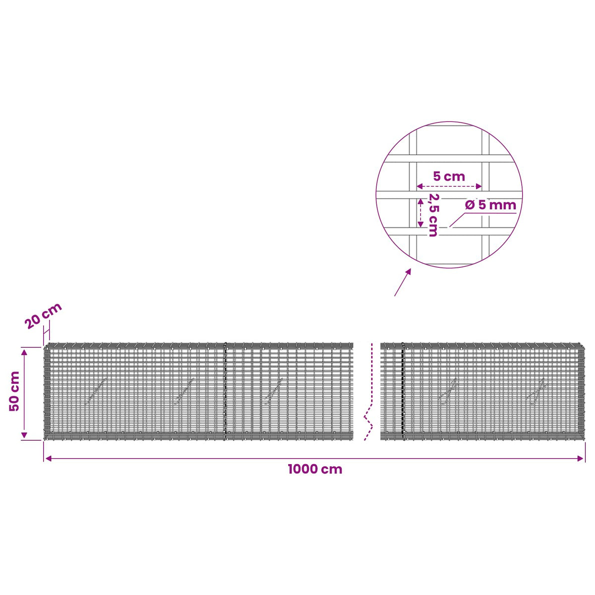 Γκαμπιόν με σύρμα 5 mm και πλέγμα 5x2,5 cm 1000x20x50 εκ - Pakobazaar