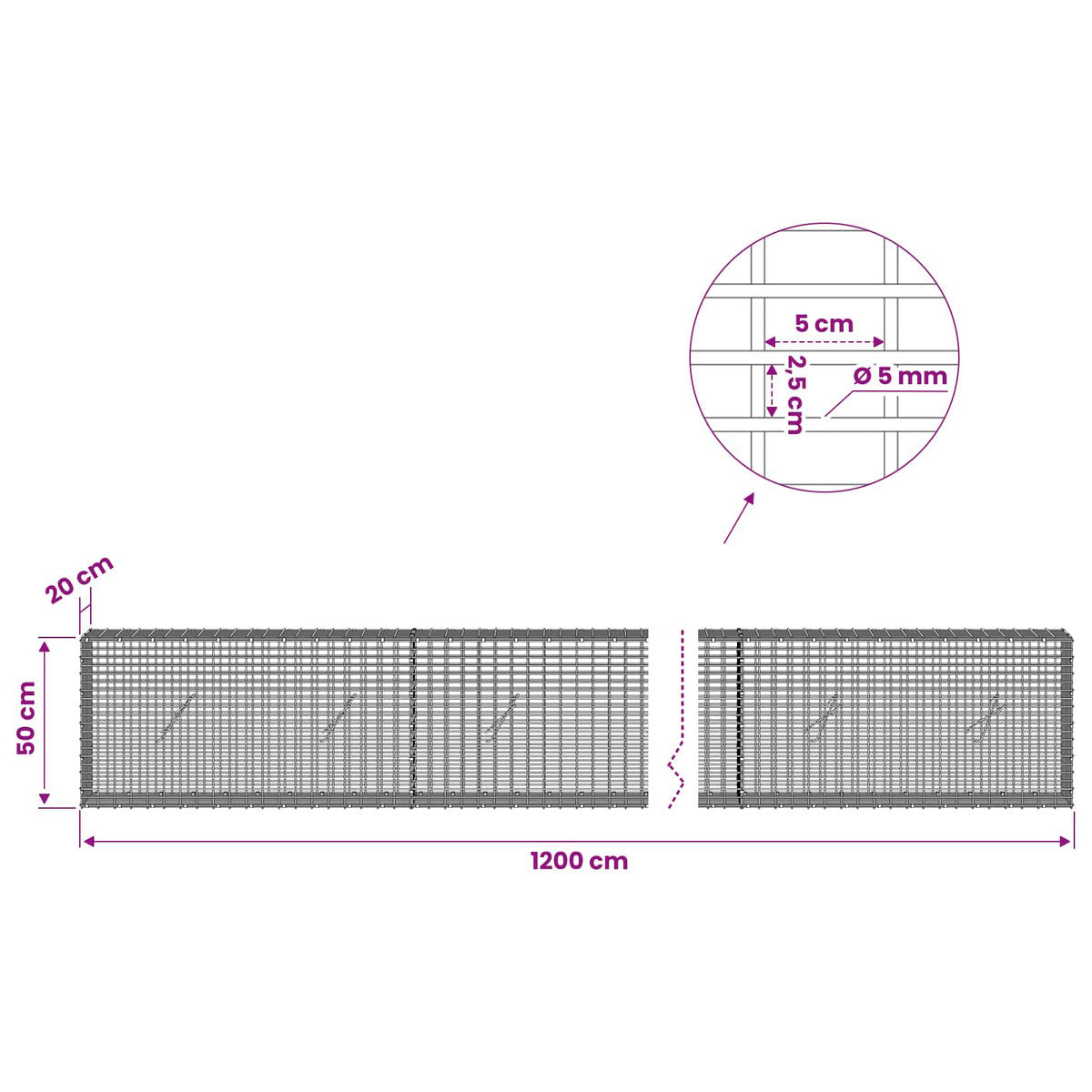 Γκαμπιόν με σύρμα 5 mm και πλέγμα 5x2,5 cm 1200x20x50 εκ