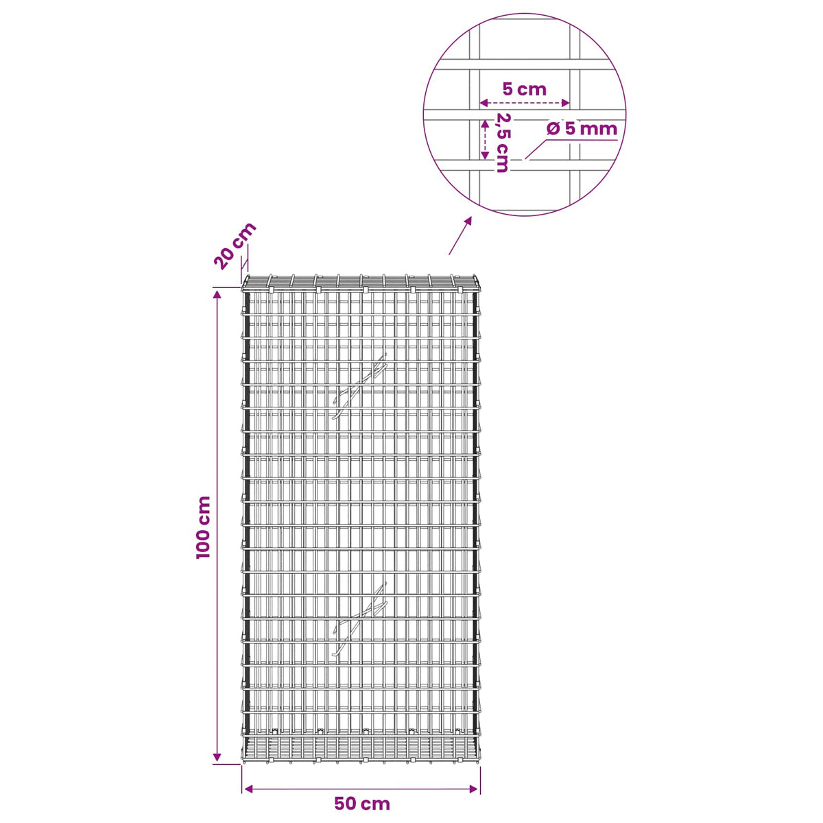 Γκαμπιόν με σύρμα 5 mm και πλέγμα 5x2,5 cm 50x20x100 εκ - Pakobazaar
