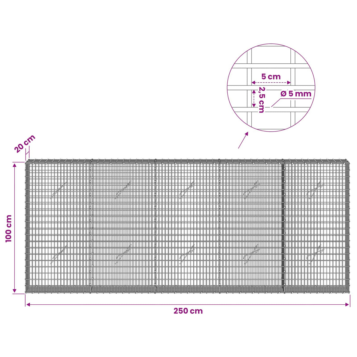 Γκαμπιόν με σύρμα 5 mm και πλέγμα 5x2,5 cm 250x20x100 εκ - Pakobazaar