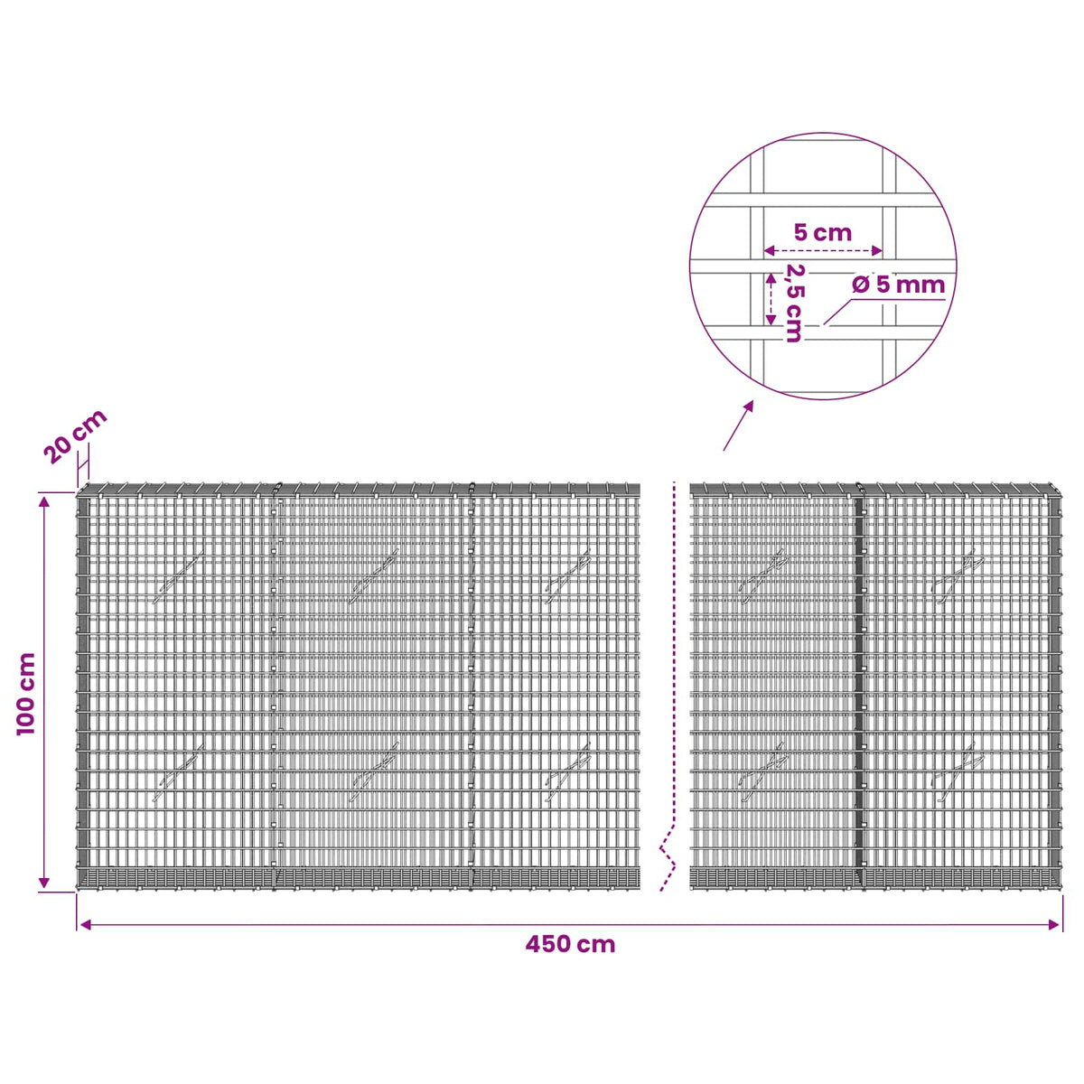 Γκαμπιόν με σύρμα 5 mm και πλέγμα 5x2,5 cm 450x20x100 εκ - Pakobazaar