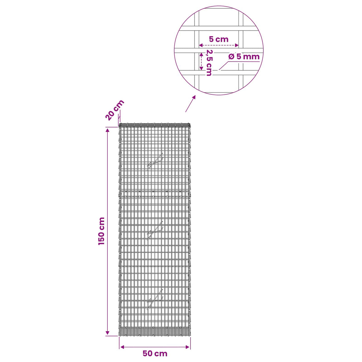 Γκαμπιόν με σύρμα 5 mm και πλέγμα 5x2,5 cm 50x20x150 εκ. - Pakobazaar