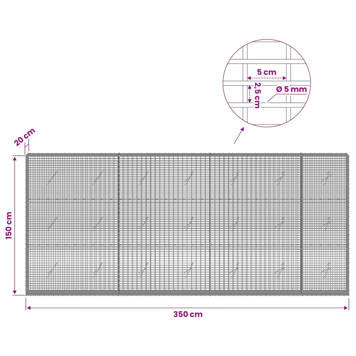Γκαμπιόν με σύρμα 5 mm και πλέγμα 5x2,5 cm 350x20x150 εκ - Pakobazaar