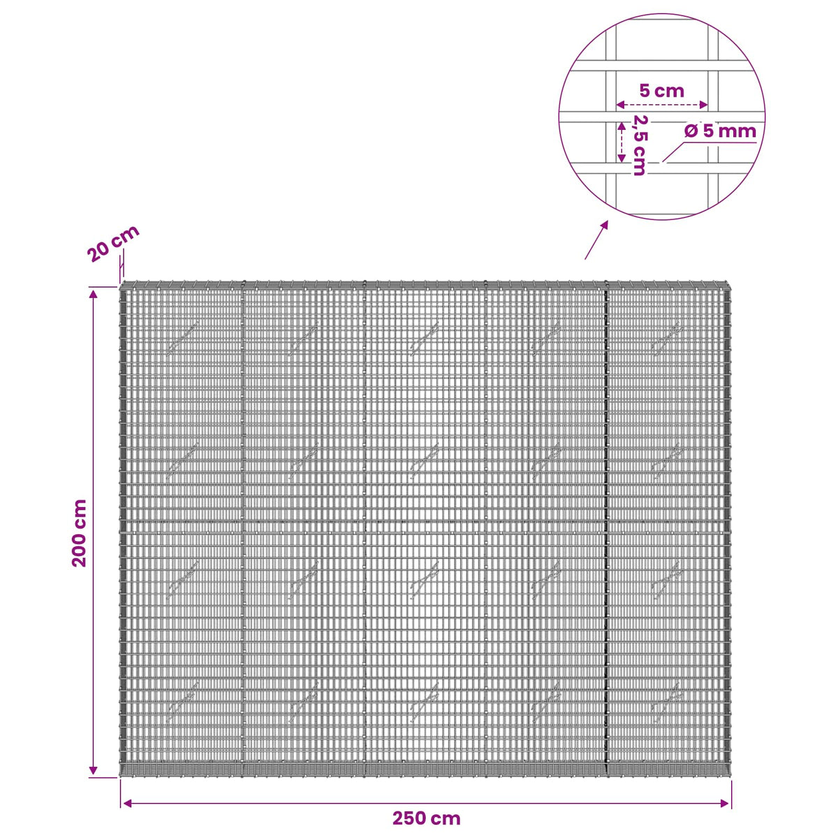 Γκαμπιόν με σύρμα 5 mm και πλέγμα 5x2,5 cm 250x20x200 εκ. - Pakobazaar