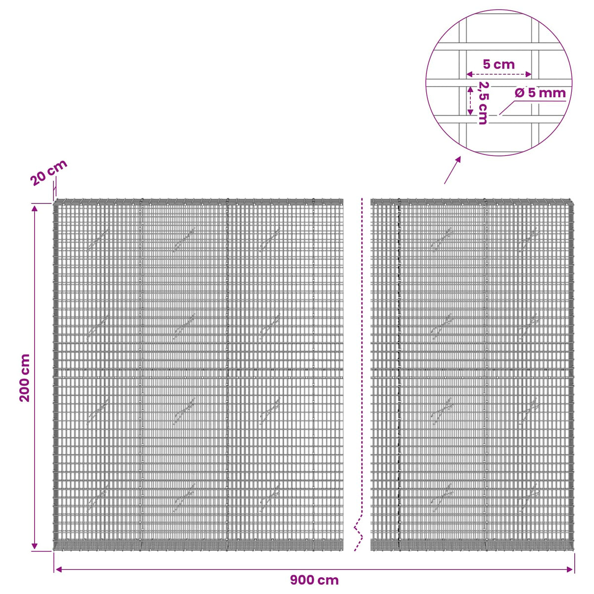 Γκαμπιόν με σύρμα 5 mm και πλέγμα 5x2,5 cm 900x20x200 εκ - Pakobazaar