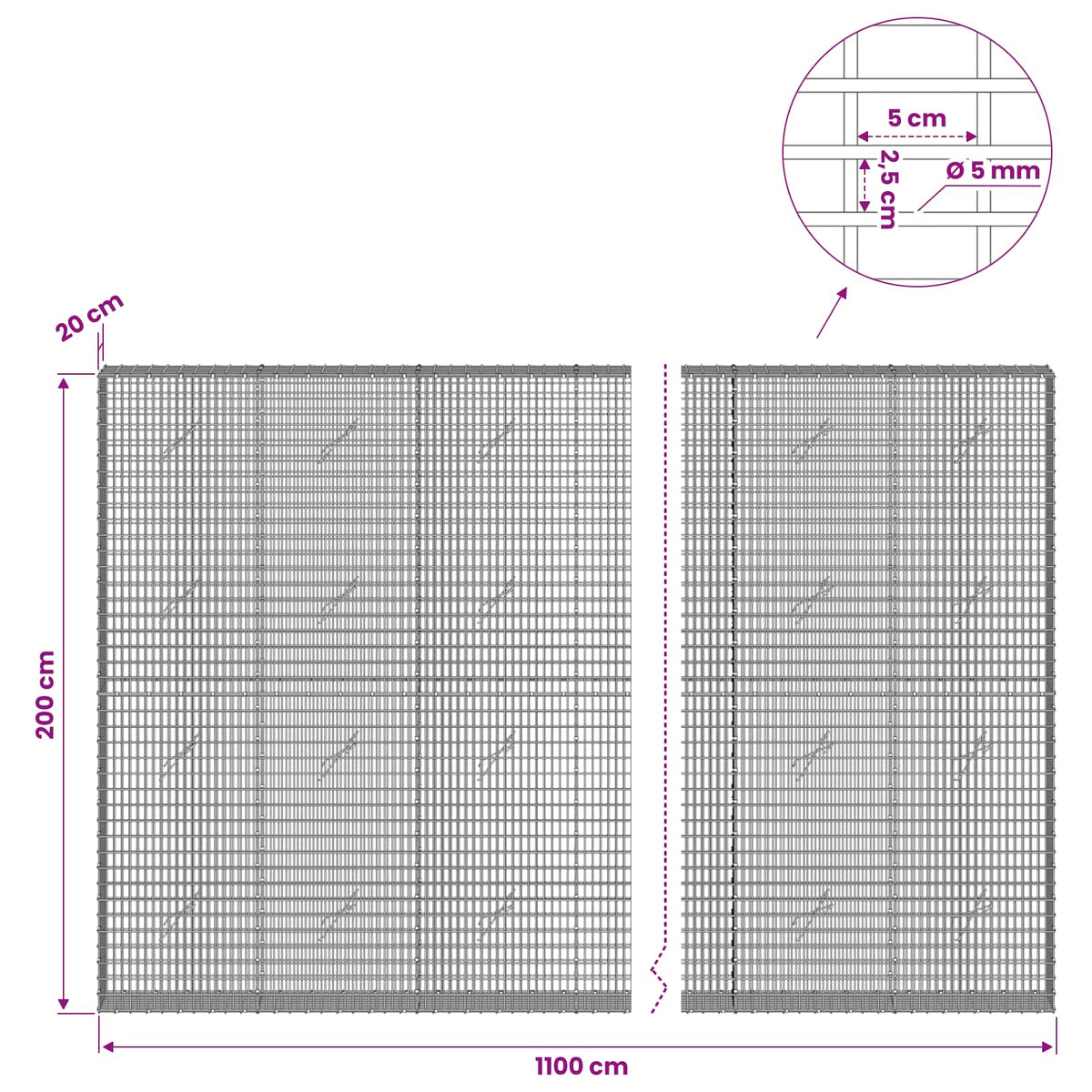 Γκαμπιόν με σύρμα 5 mm και πλέγμα 5x2,5 cm 1100x20x200 εκ - Pakobazaar