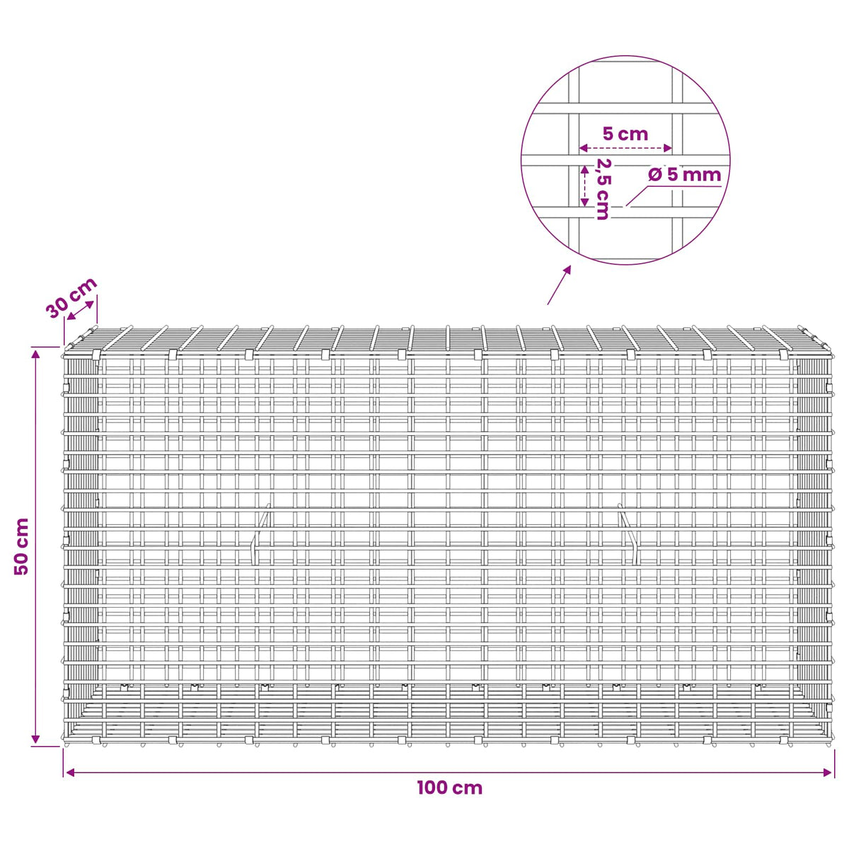 Γκαμπιόν με σύρμα 5 mm και πλέγμα 5x2,5 cm 100x30x50 εκ - Pakobazaar