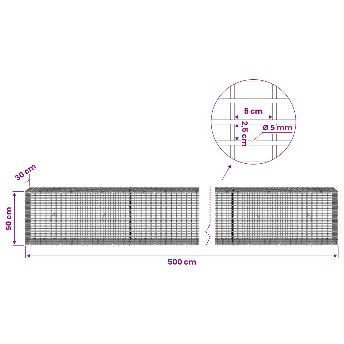 Γκαμπιόν με σύρμα 5 mm και πλέγμα 5x2,5 cm 500x30x50 εκ - Pakobazaar