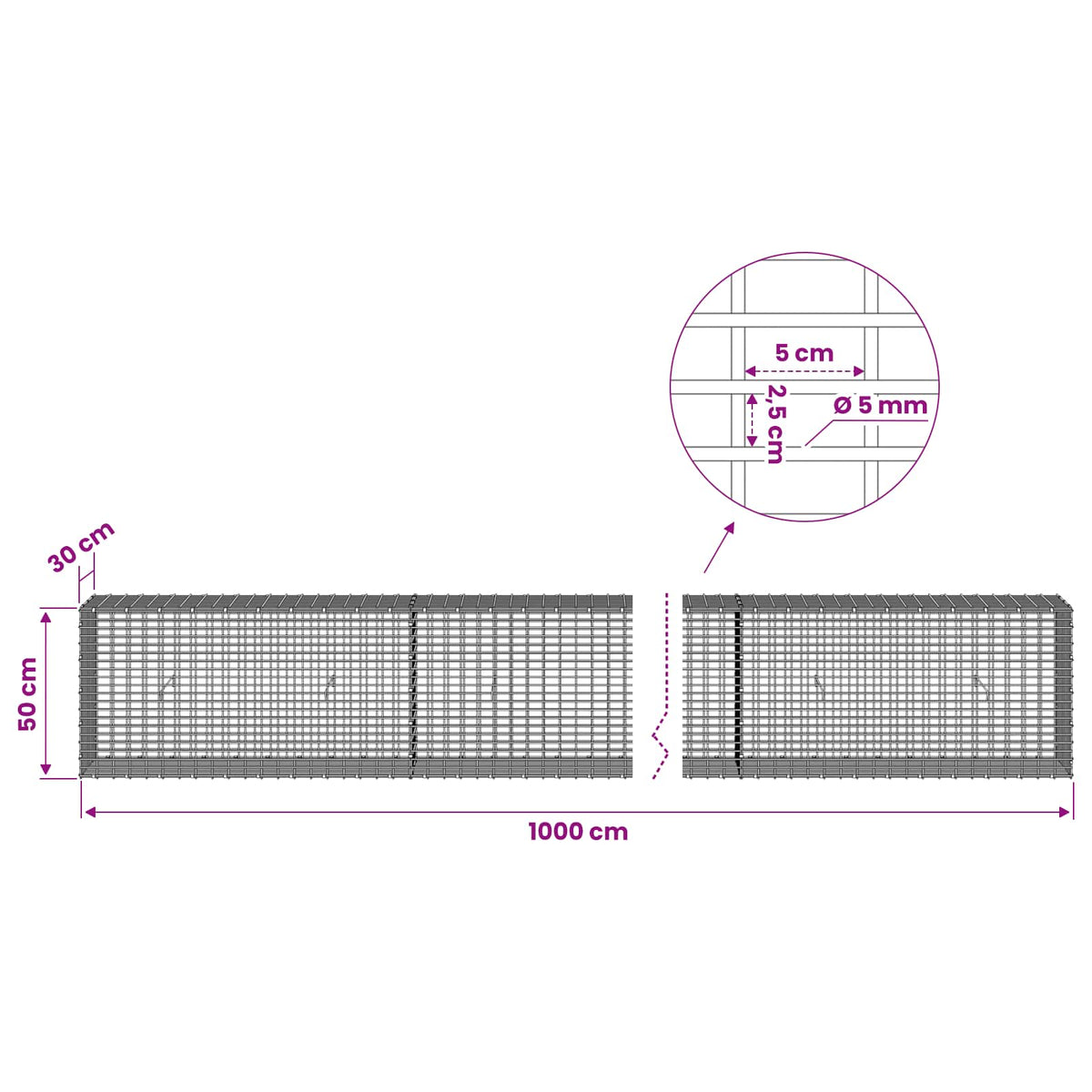 Γκαμπιόν με σύρμα 5 mm και πλέγμα 5x2,5 cm 1000x30x50 εκ - Pakobazaar