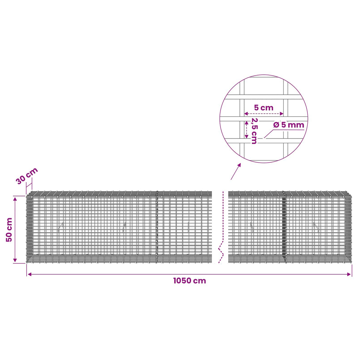 Γκαμπιόν με σύρμα 5 mm και πλέγμα 5x2,5 cm 1050x30x50 εκ - Pakobazaar