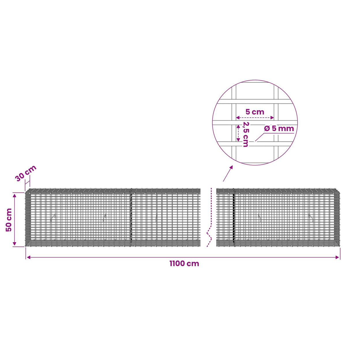 Γκαμπιόν με σύρμα 5 mm και πλέγμα 5x2,5 cm 1100x30x50 εκ - Pakobazaar