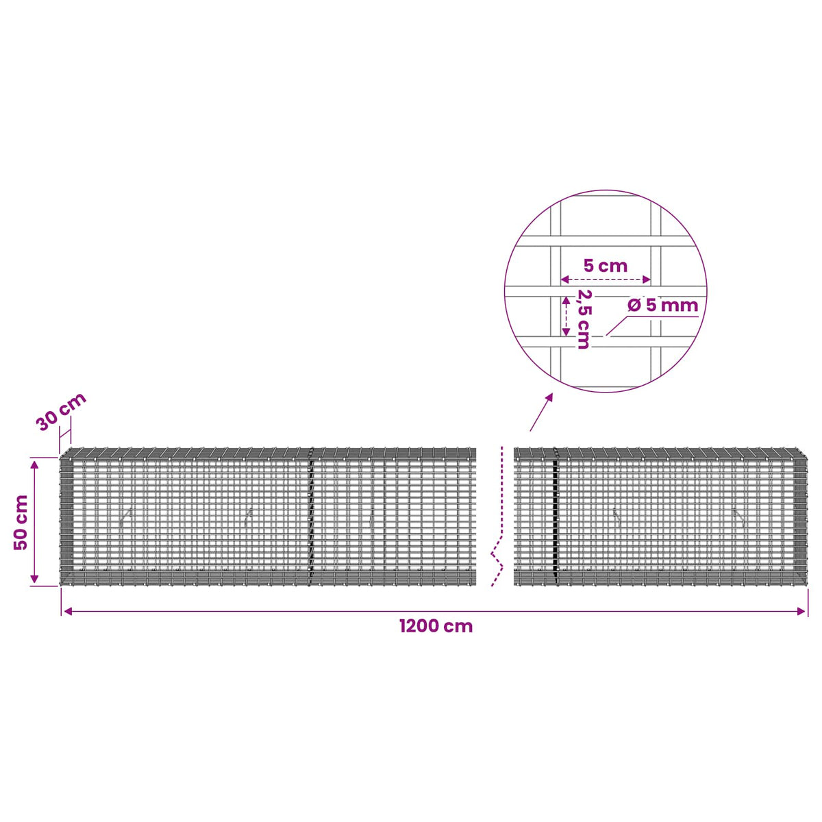 Γκαμπιόν με σύρμα 5 mm και πλέγμα 5x2,5 cm 1200x30x50 εκ - Pakobazaar