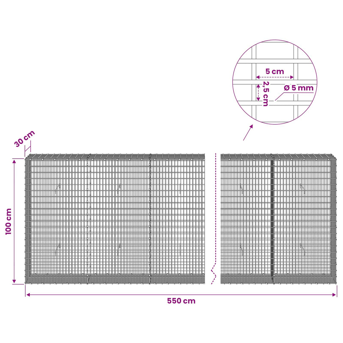 Γκαμπιόν με σύρμα 5 mm και πλέγμα 5x2,5 cm 550x30x100 εκ - Pakobazaar