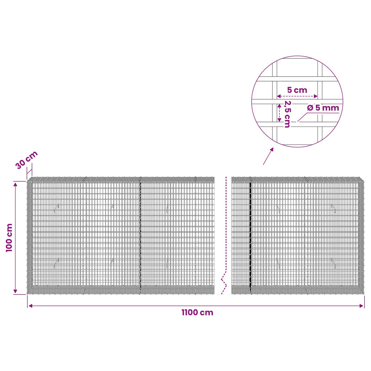 Γκαμπιόν με σύρμα 5 mm και πλέγμα 5x2,5 cm 1100x30x100 εκ