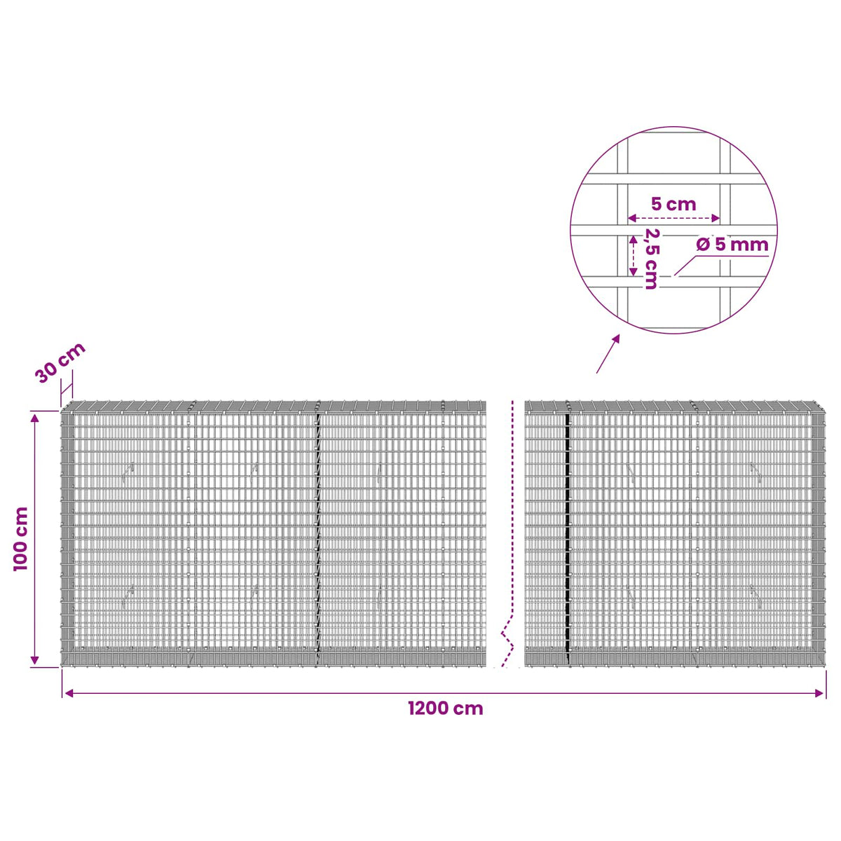 Γκαμπιόν με σύρμα 5 mm και πλέγμα 5x2,5 cm 1200x30x100 εκ - Pakobazaar
