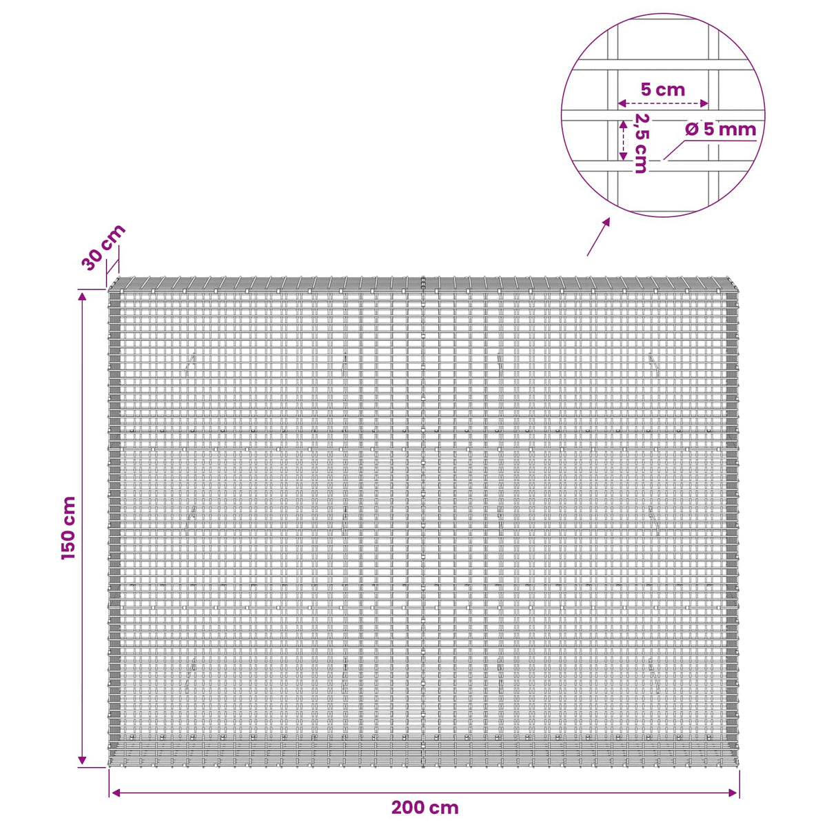 Γκαμπιόν με σύρμα 5 mm και πλέγμα 5x2,5 cm 200x30x150 εκ
