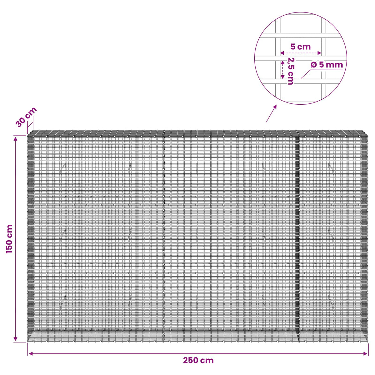 Γκαμπιόν με σύρμα 5 mm και πλέγμα 5x2,5 cm 250x30x150 εκ - Pakobazaar